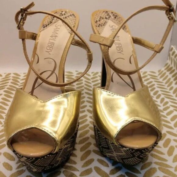 🔆▪️Sam & Libby Margot Metallic Gold Peep Toe Ankle Strap Platform Pump◾️🔆 - Picture 6 of 9
